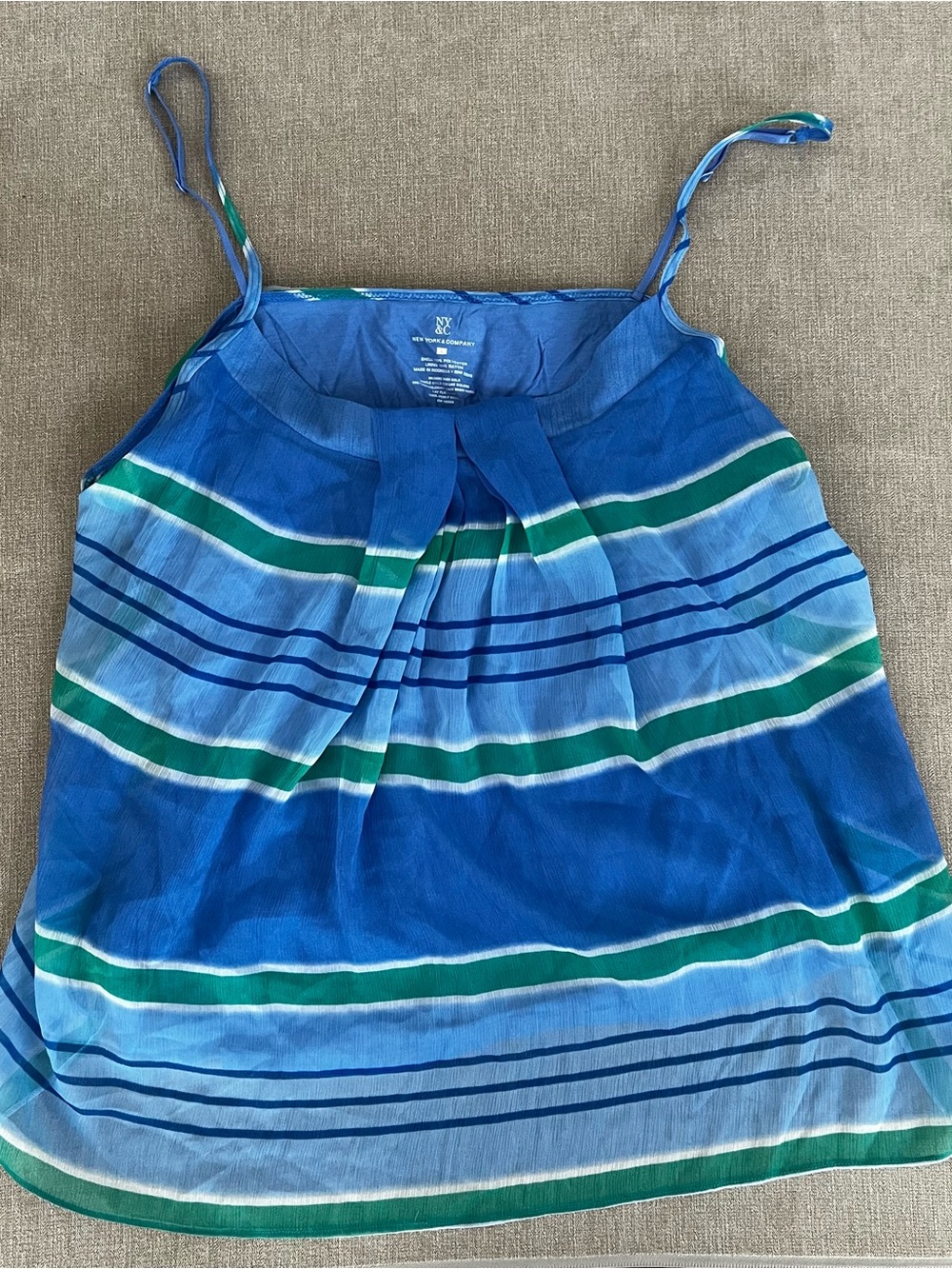 New York & Company Blue Green Striped Chiffon Cami Tank Top Pleated Neck L